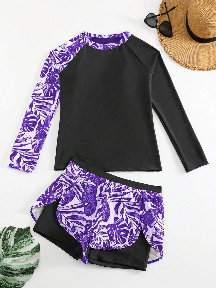 Summer Beach Tropical Print Patchwork Long Sleeve Tankini Swimwear Set - Mauve Purple - View 1