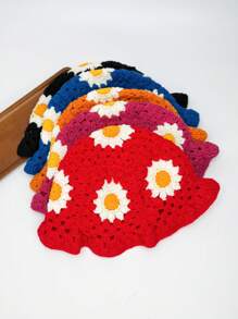 1pc Y2K Style Handmade Floral Crochet Fisherman Hat For Women, Colorful Hollow Knitted Fisherman Hat Suitable For Casual, Vacation, Boho Street Style (Random Patchwork) - Pure Color Streaky - View 4