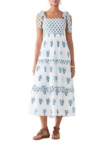 Women's Flower Tie Strap Dress A-Line Square Neck Tiered Ruffled Long Tank Dress For Party Club - 藍色 - 查看 8