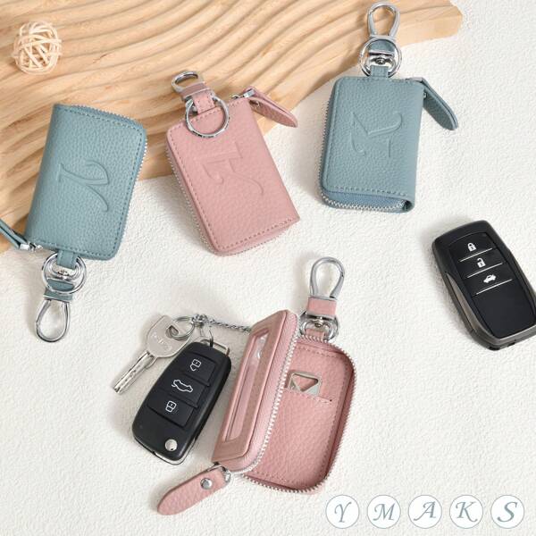 Multifunctional Fashion Smart Key Holder, Unisex, Letter Embossed Design, Transparent Window, Zipper Closure, Compatible With Smart Key, Includes Carabiner, Cute Style, Suitable For Commuting And School Use