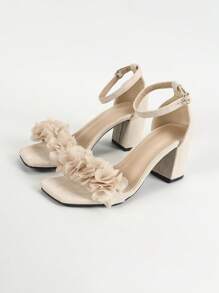 Qin TiNian Women Square-Toe Floral Embellished High Heel Sandals, 2.56 Inch Chunky Heel, Spring/Summer New Stylish Elegant Weddings Party Ankle Strap Heeled Sandals - Apricot - View 8