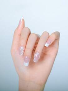 1 Piece Of Semi-Cured Gel Nail Sticker, White French And Flower Design, 20 Finger Full Nail Gel Sticker, Suitable For Girls' Daily Life. Nails - Dusty Pink - View 3