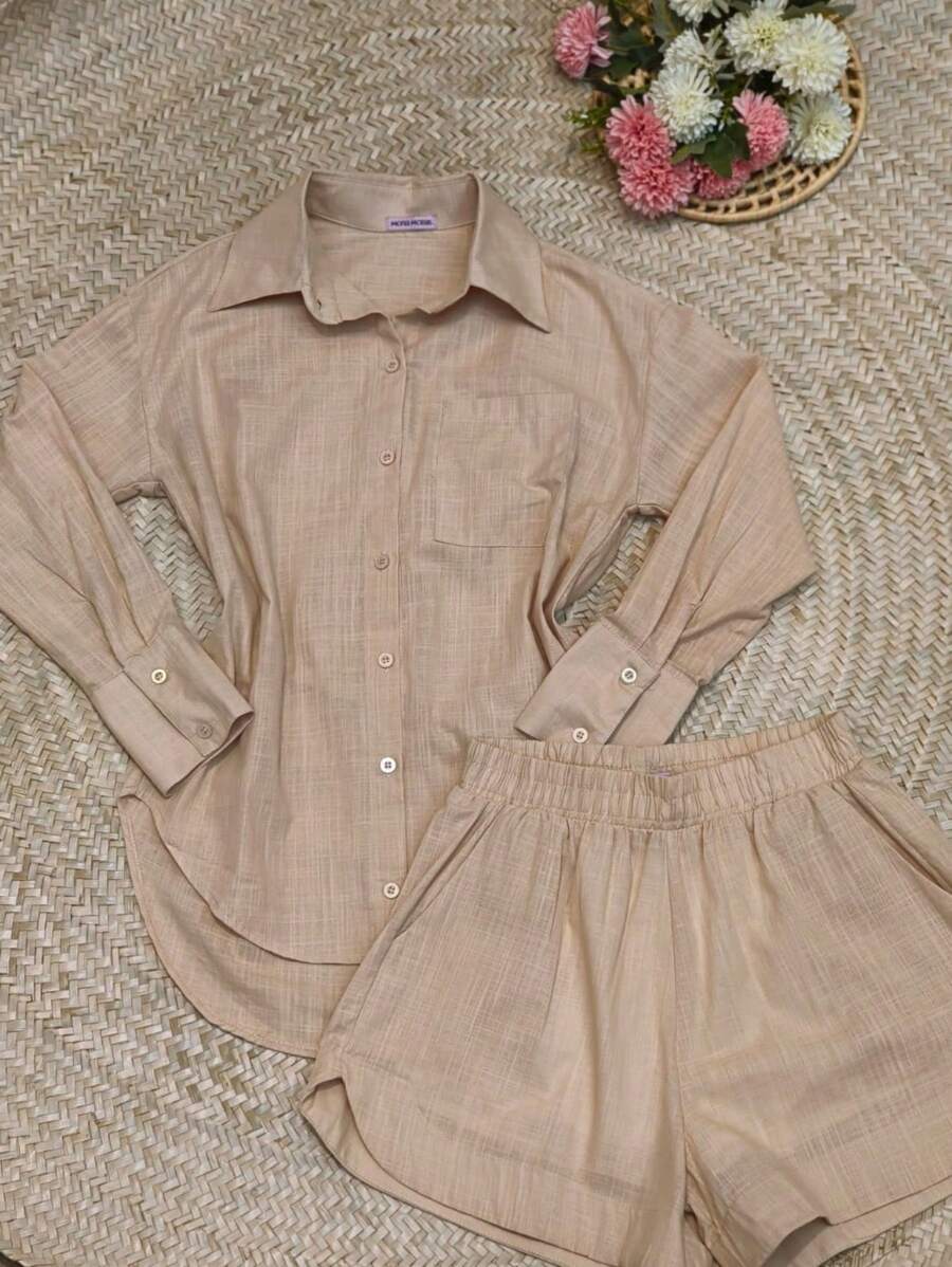 2pcs Shirt And Shorts Set - Beige - View 1