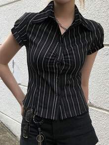 阳光少女夏季女装毕业季学院风 Y2K 条纹印花前扣修身短袖衬衫 - 黑色 - 查看 10