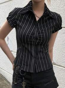 Chemise slim à manches courtes avec boutons devant et imprimé rayé, style collégial Y2K d'été pour femme diplômée