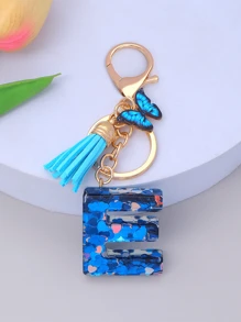 1pc Women's Initial Letter Black Butterfly Glitter Crystal Resin Epoxy Keychain With Butterfly Tassel Decor