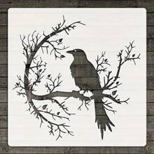 1pc Large-Sized Raven Silhouette On Branch Painting Stencil, Reusable DIY Art Template For Wall, Fabric, Home Decor, Plastic Template, Crafts & Sewing Supplies, PET Material