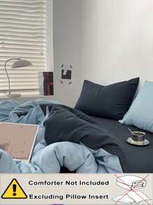 3 Pcs Light Blue & Deep Blue Dorm/Bedroom Bedding Set, Includes 1 Duvet Cover & 2 Pillow Shams, No Filling, Machine Washable, Back To School - Blue - View 4