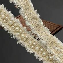 1pc Beige & Black Retro Nylon Lace With Pearls, Embroidered Ribbon DIY For Clothes, Dress, Shoes, Bags, Crafts - Multicolor - View 6