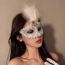 2025 New Venetian Rhinestone Lace Feather Half Face Mask For Women, Halloween Masquerade Cosplay Adjustable Eye Mask Elegant Party Accessories - Multicolor - View 4