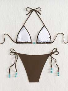 夏季新款细肩带后系带棕色比基尼泳裤，侧系带蓝色串珠末端，女式两件套泳衣