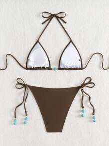 Nuovo costume da bagno estivo da donna, con parte inferiore a spaghetti con fiocchi sul retro in marrone e parte superiore blu a due pezzi con pendenti di perline laterali