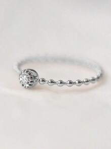 1 件 925 纯银简约迷你珠子设计戒指，镶嵌合成锆石，优雅女士风格，非常适合订婚、求婚或送礼 - 銀色 - 查看 5