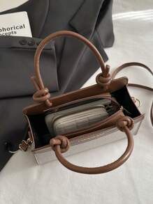 1pc Brown Color Block Pu Leather Women's Handbag, Fashionable Minimalist Square Tote