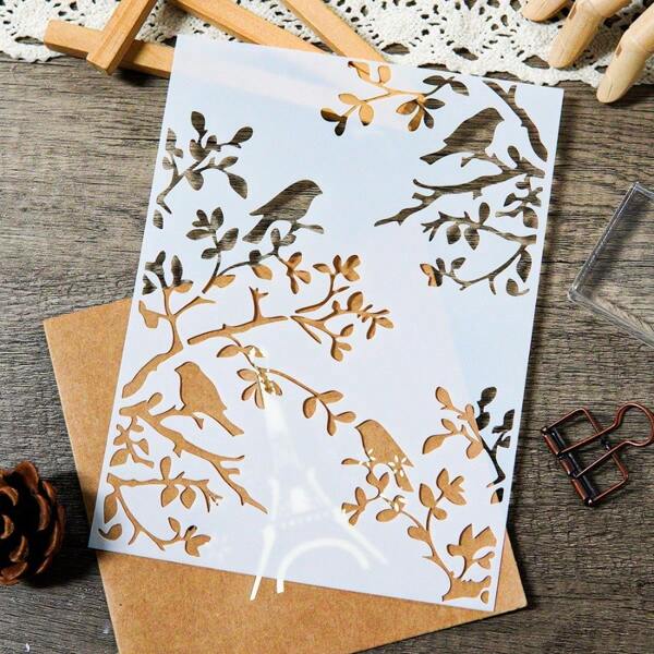 1 Pc Elegant Birds And Branches Stencil Set, Plastic DIY Painting Template For Home And Garden Decor, Perfect For Walls, Fences, And Furniture,Back To School,School Supplies