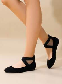 Women's Sole_Stretchy White/PU Elastic Ankle Straps Ballet Flats Shoes - Black - View 3