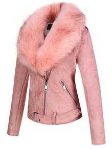 Women Faux Leather Suede Jacket Moto Biker Coat Sherpa-Lined Overcoat With Removable Belt
