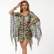 1 mảnh khăn choàng che tay áo viền xẻ viền vàng và bạc dùng cho đồ bơi đi biển, khu nghỉ dưỡng - Tím vàng xanh lá cây - Xem 2