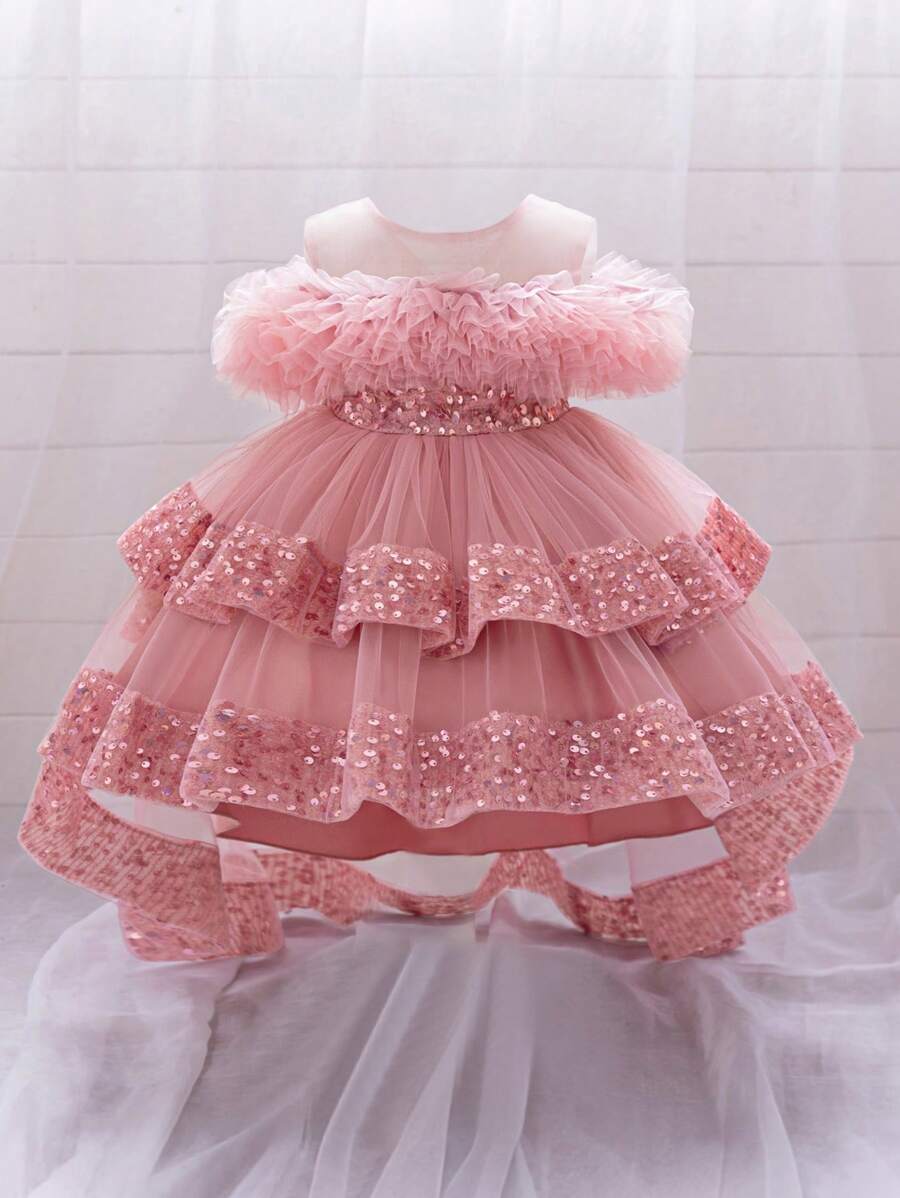 女婴亮片薄纱可爱花童婚礼拖尾礼服，适合派对、生日、外出等场合，不含头饰 - 藕粉色 - 查看 1