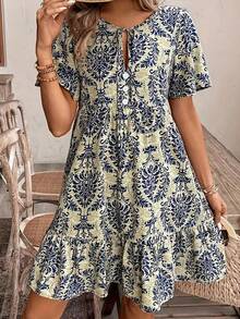 女士休闲度假全印花短袖连衣裙