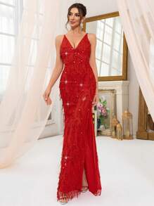CHOSMO吊带舞会礼服，适合高中圣诞舞会，露背吊带流苏高腰侧开衩亮片长裙，端庄修身晚礼服，约会之夜礼服，优雅正式礼服，女士正式舞会礼服，高开衩飘逸派对礼服，情人节适用 - 紅色 - 查看 8