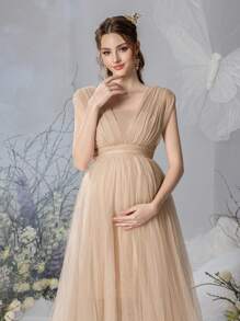 Faeriesty Dressalisa Maternity Sleeveless Off-Shoulder Maxi Dress With Dramatic Tulle Skirt – Lightweight Chiffon Fabric For Spring/Summer Baby Showers & Maternity Photoshoots (Flattering A-Line Silhouette, Romantic Ethereal Elegance)