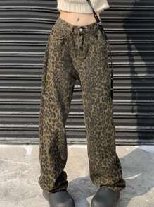 复古美式豹纹直筒宽松牛仔裤，男女休闲裤 - 棕色 - 查看 2