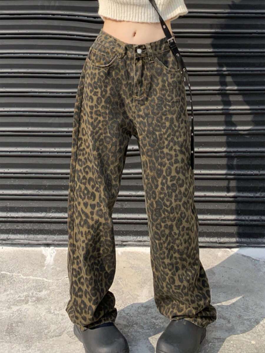 复古美式豹纹直筒宽松牛仔裤，男女休闲裤