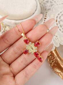 S925 European And American Luxury Cross Zirconia Stone Water Drop Pendant Necklace, Jesus Element, Suitable For Party/Daily Wear, Women Jewelry Set, Gift For Family And Friends - Red - View 1