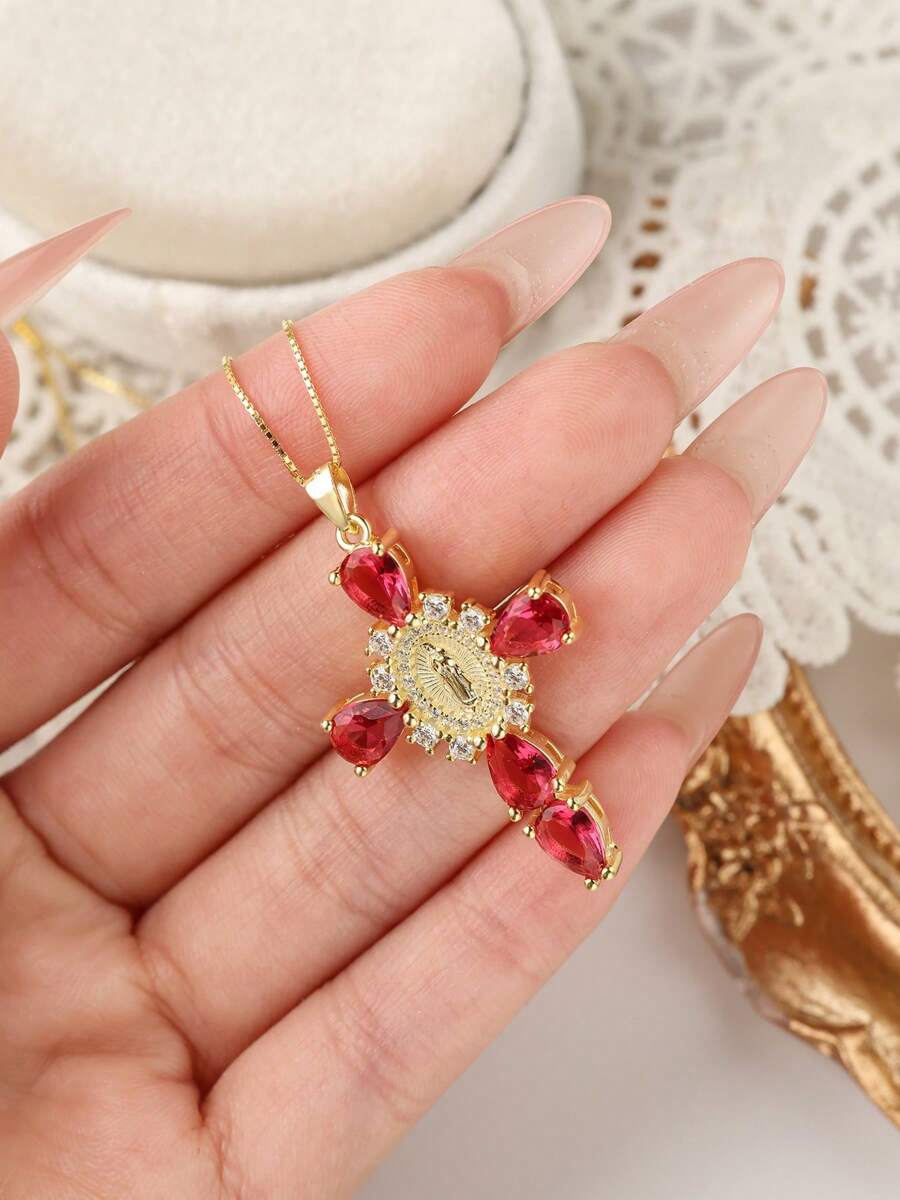 S925 European And American Luxury Cross Zirconia Stone Water Drop Pendant Necklace, Jesus Element, Suitable For Party/Daily Wear, Women Jewelry Set, Gift For Family And Friends - Red - View 1