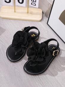 Toddler/Little Girls' 2025 Summer New Fashion Versatile Round Toe Thong Sandals With Large Flower, Flat, Anti-Slip For Beach & Home Wear
