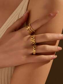 3 件不锈钢金绳光环心形戒指套装，适合女士日常装饰或礼物 - 金黃色 - 查看 1