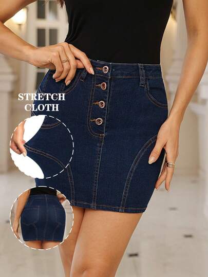 Minigonna di jeans con bottoni, design con cucitura curva, in lavaggio scuro