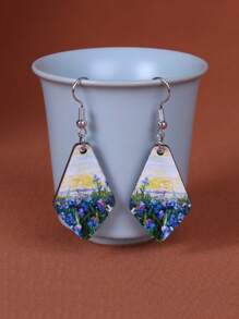 1 Pair Vintage Style Double-Sided Painting Wooden Geometric Earrings, Suitable For Everyday Wear And Vacation