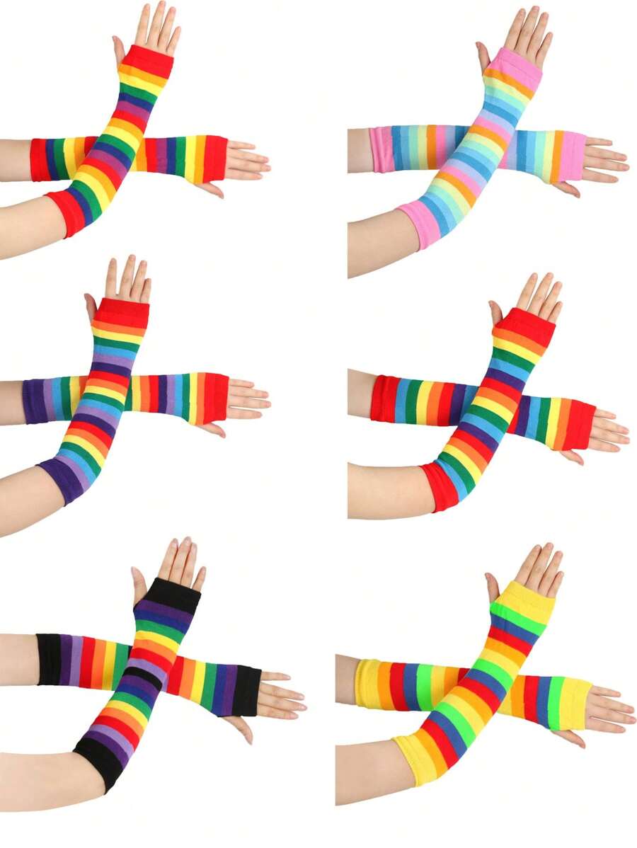 Children/Teens' Gothic/Y2K Style Rainbow Striped Fingerless Knit Arm Warmers, Wrist Cuffs, Suitable For 8-16 Years Old For Daily, Party, Holiday, Gift - Multicolor - View 1