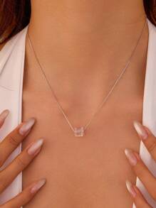 BALMORA 1 Piece Of Elegant, Fashionable And Versatile S925 Sterling Silver Square Zirconia Pendant Necklace, Women's Collarbone Chain, Summer Outfit Gift - Silver - View 5