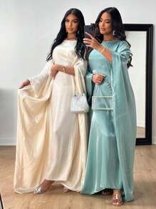 1 pieza Nuevo vestido abaya holgado de satén brillante para mujer, elegante vestido musulmán de manga larga para fiestas, cumpleaños, Kaftán modesto