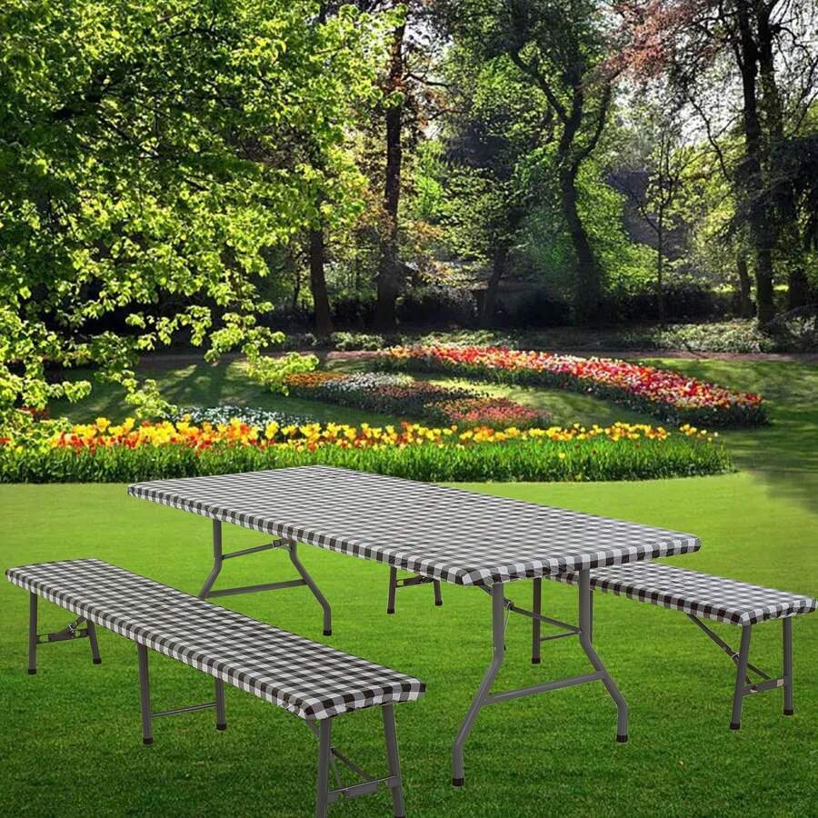 3pcs Picnic Table And Bench Set Cover, Waterproof Tablecloth For 6ft Rectangular Table, Vinyl Flannel Backing, Elastic Edges - Suitable For Outdoor Parties, Indoor Dining, Patio, Garden (30 X 72 Inches) - 30*72in - View 1