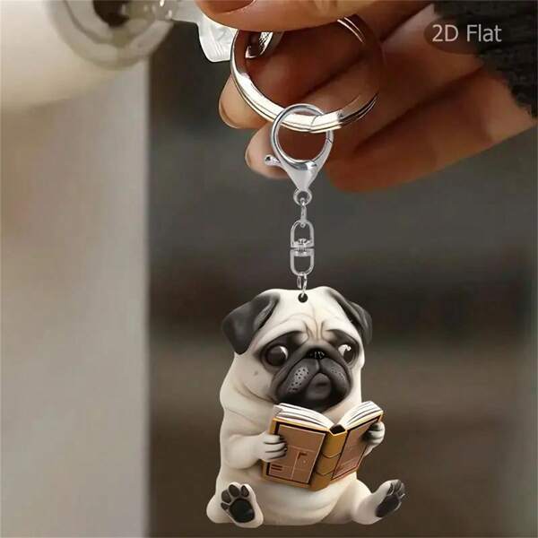Reading Pug 2D Acrylic Backpack Keychain - Cute Pet Accessories, Suitable For Backpack, Bag, Car Keychain, And Daily Use, Pet Commemorative Pendant, Perfect For Couple Gifts For Men/Women, Gift For Dog Lovers, Party Supplies Backpack For School