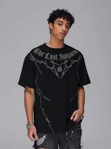 数码印花，学院风，男士T恤搭配短袖套头衫，宽松，夏季休闲，街头装，春夏复古T恤 - 黑色 - 查看 2