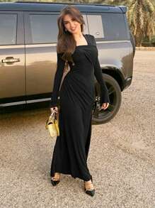 Women's Summer Black Dress, Elegant Pleated Long Sleeve Square Neck Slim High Waist Dress, Dress For Party - Black - View 1