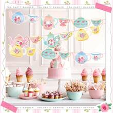 12 pièces/set, décoration vintage pour thé, bannière imprimée des deux côtés avec motif floral, bannière de découpe en papier en forme de théière assemblée pour la décoration de mariage, douche de mariée, anniversaire - Multicolore - Voir 2