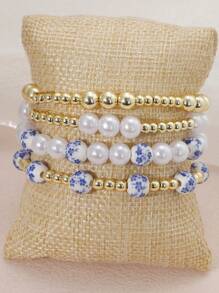 4pcs/Set Fashionable And Elegant Blue And White Porcelain Faux Pearl Beaded Golden Beaded Bracelets For Women Stackable 14K Gold Plated Stretch Bead Ball Bracelet Jewelry Set Chinese Style Bracelet Gifts For Woman Teen Girls Valentines Day Summer Jewelry,Mom,Mother,Mother's Day,Gift - Nhiều màu - Xem 5