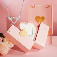 1pc Copper Alloy Zirconia Stone Angel Wings Pendant Necklace, Heart Shaped Luxury Fashion Jewelry, Comes With Heart Shaped Jewelry Box, Valentine's Day Gift - Silver - View 1