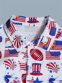 1pc Boys Casual US Flag Random Pattern Printed Short Sleeve Collared Shirt, Suitable For Independence Day - White - View 3