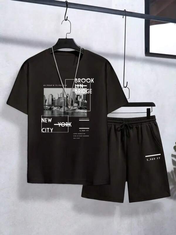 Teen Boys Summer Leisure Sports New York Brooklyn Bridge Handsome Typography Pattern Black T-Shirt Shorts Suit
