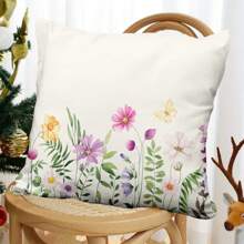 Juego de 4 fundas de almohada con estampado de flores silvestres, plantas verdes silvestres y mariposas voladoras con flores coloridas en un borde horizontal acuarelado de verano y primavera. Decoración perfecta para tu sofá, hogar, habitación, oficina, sala de estar y embellecimiento del sofá (sin relleno de almohada) con impresión unilateral.