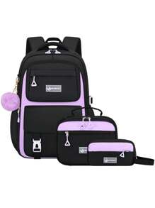 3pcs/Set - Large Capacity Girl's Backpack. Student Bag With Lunch Box Bag And Pencil Case. Simple 15.6-Inch School Laptop Backpack. Outdoor Travel Bag With Plush Ball Pendant. Back-To-School Essential. Suitable For School And Travel