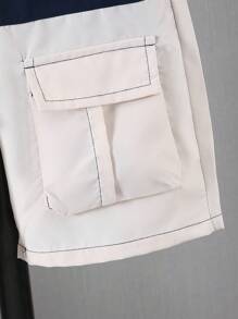 2pcs/Set Tween Boy Daily Casual Fashion Contrast Color Pocket Short Sleeve Tee And Contrast Color Patchwork Cargo Shorts Set, Spring Summer - Navy Blue - View 7