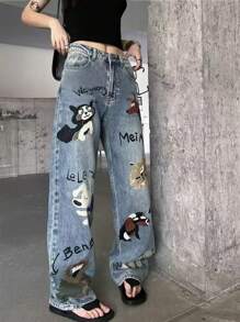 Y2K Street Washed Letter Cartoon Print Slant Pocket Wide Leg Jeans Preppy Comfort Denim Pants
